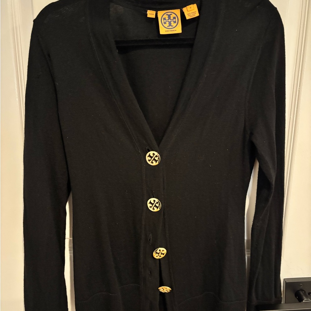 Tory Burch Black Cardigan with Gold Logo Buttons